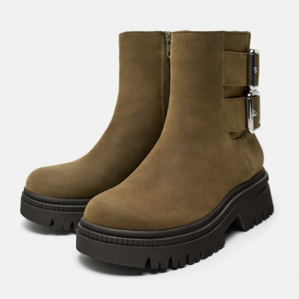 ZARA LOW HEELED LEATHER ANKLE BOOTS WITH BUCKLES